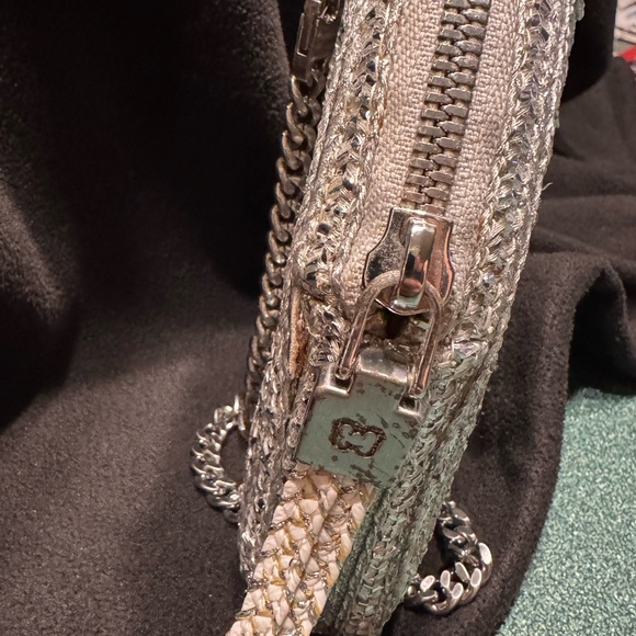 Eric Javits metallic silver white raffia clutch with chain
